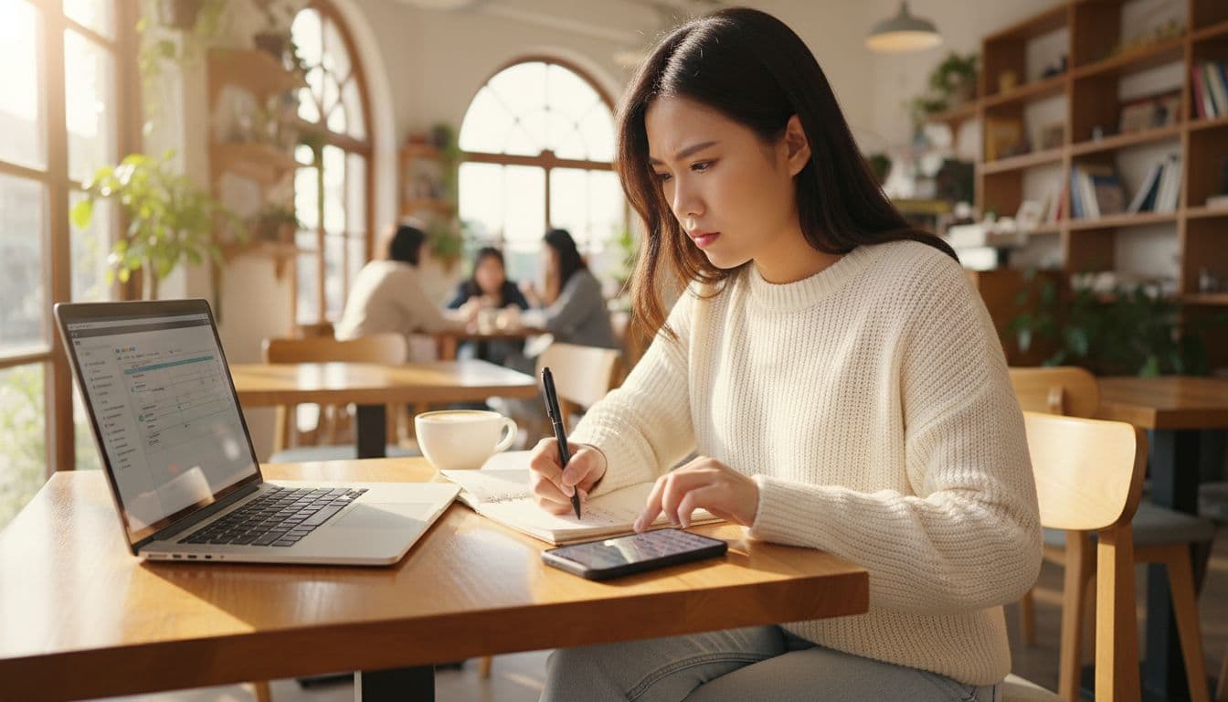 國民年金沒繳怎麼辦?對退休影響與補繳全指南 A young Taiwanese freelancer in casual clothes sits at a cafe table with a laptop displaying a blurred timeline of job end date and insurance transition, surrounded by coffee, notebook with payment reminders, and phone calendar app. She looks determined while marking dates on paper in a bright cafe with natural light.