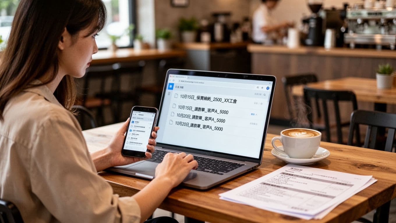 工會加保期間必留證明清單:一份搞定所有查核 A young Taiwanese female freelancer sits at a wooden cafe table, her laptop screen showing an abstract list of invoice filenames like payment receipts. Nearby are a coffee cup and subtle document copies in a bright, relaxed cafe atmosphere with natural light.