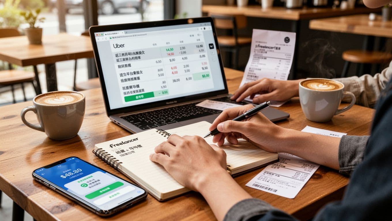 勞保投保薪資怎麼抓才合理:兼職族薪資不穩的實務計算與建議 A young Taiwanese freelancer in a bright cafe calculates average monthly income from platforms like Uber and Freelancer, with a laptop and notes on the table.
