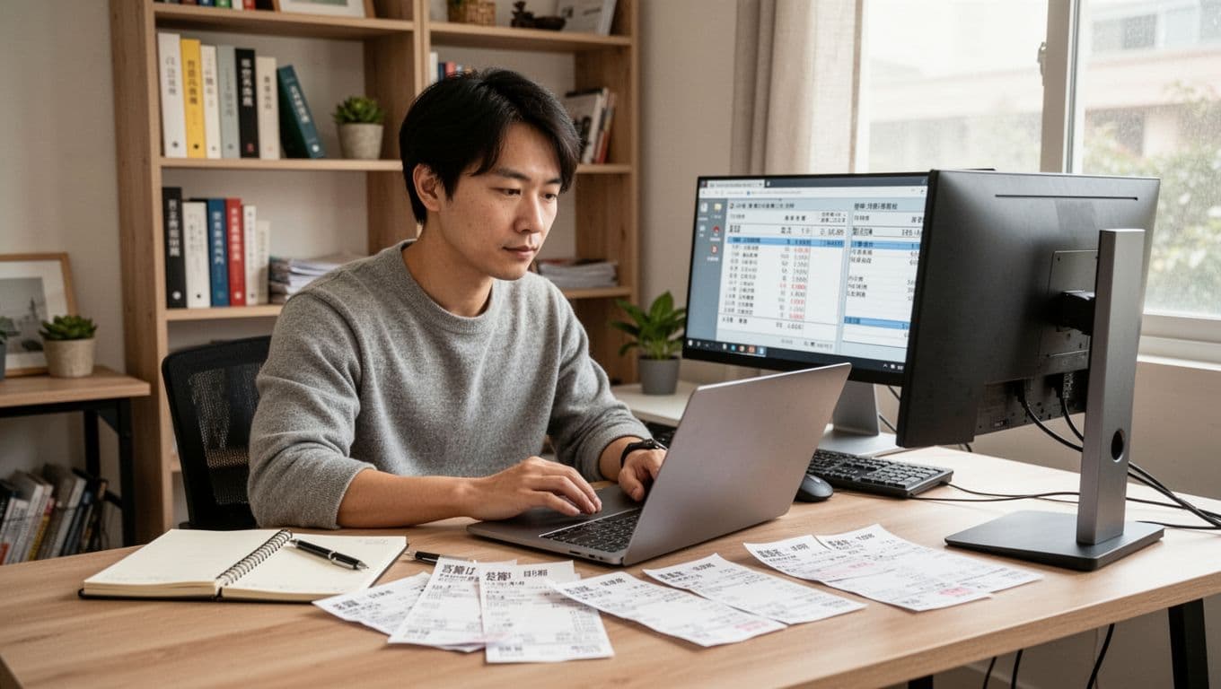 接案者投保薪資怎麼選才不焦慮:穩定退休金與勞保給付完整指南 A Taiwanese freelancer calculates income at a home office, using a laptop and calculator to tally project totals from last year.