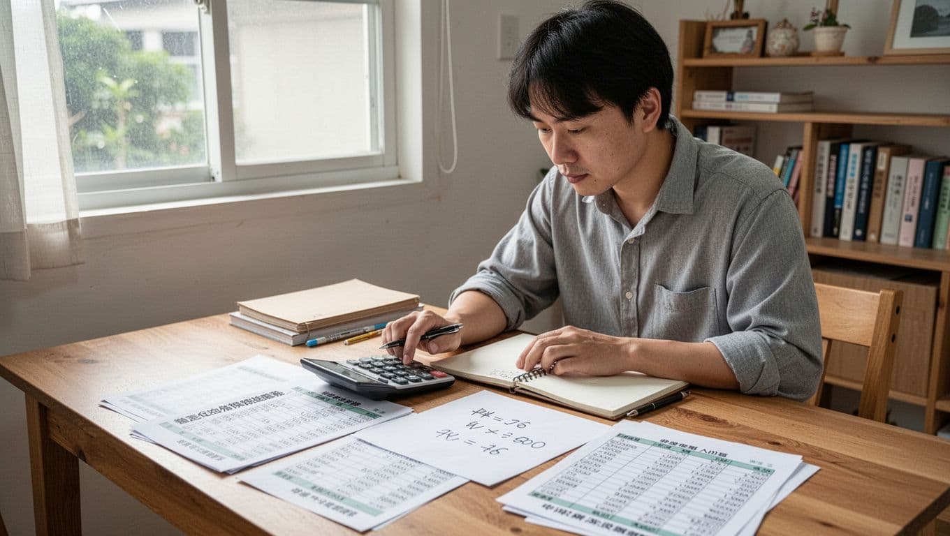 接案者投保薪資怎麼選才不焦慮:穩定退休金與勞保給付完整指南 A Taiwanese freelancer at a simple home office desk intently calculates stable low-income labor insurance premium salary using a calculator and notebook, with a mid-low salary table and handwritten formula on paper, natural window light, books in background, reassuring professional realistic atmosphere with bright soft lighting.