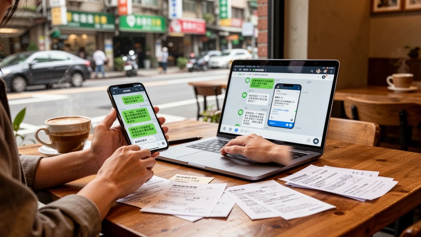 打零工族加入工會最常卡關:資格認定與工作證明 A lone Taiwanese freelancer in a warm coffee shop examines multiple pieces of income evidence on smartphone and laptop, including LINE screenshots and settlement pages, with scattered documents on the desk evoking a piecing-together atmosphere, Taipei street view through the window under soft daylight.
