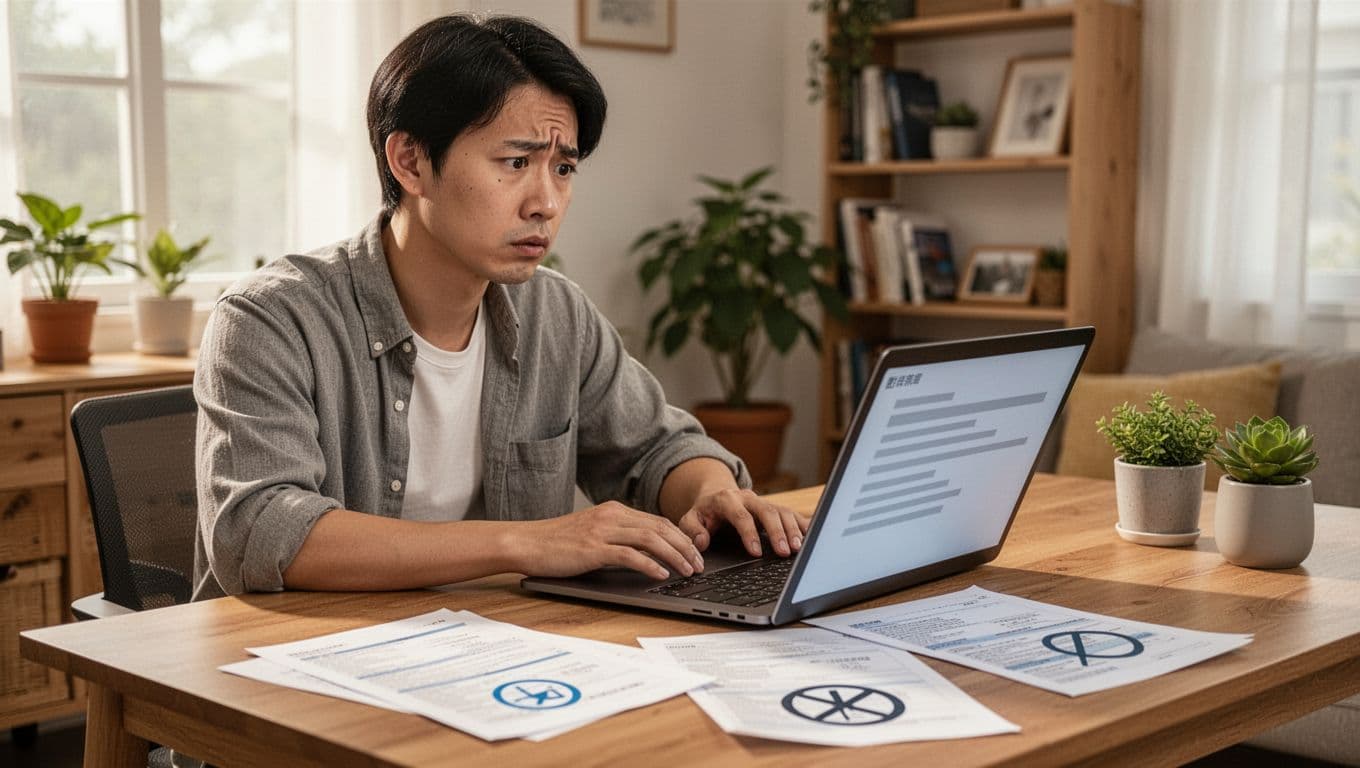 接案者意外失能,勞保能給多少保障? A puzzled Taiwanese freelancer sits at a cozy home office desk using a laptop to verify eligibility for labor insurance sickness benefits, with abstract policy document symbols on the table and no employer proof visible. Realistic professional photo in warm tones with natural daylight, high detail, one person only.