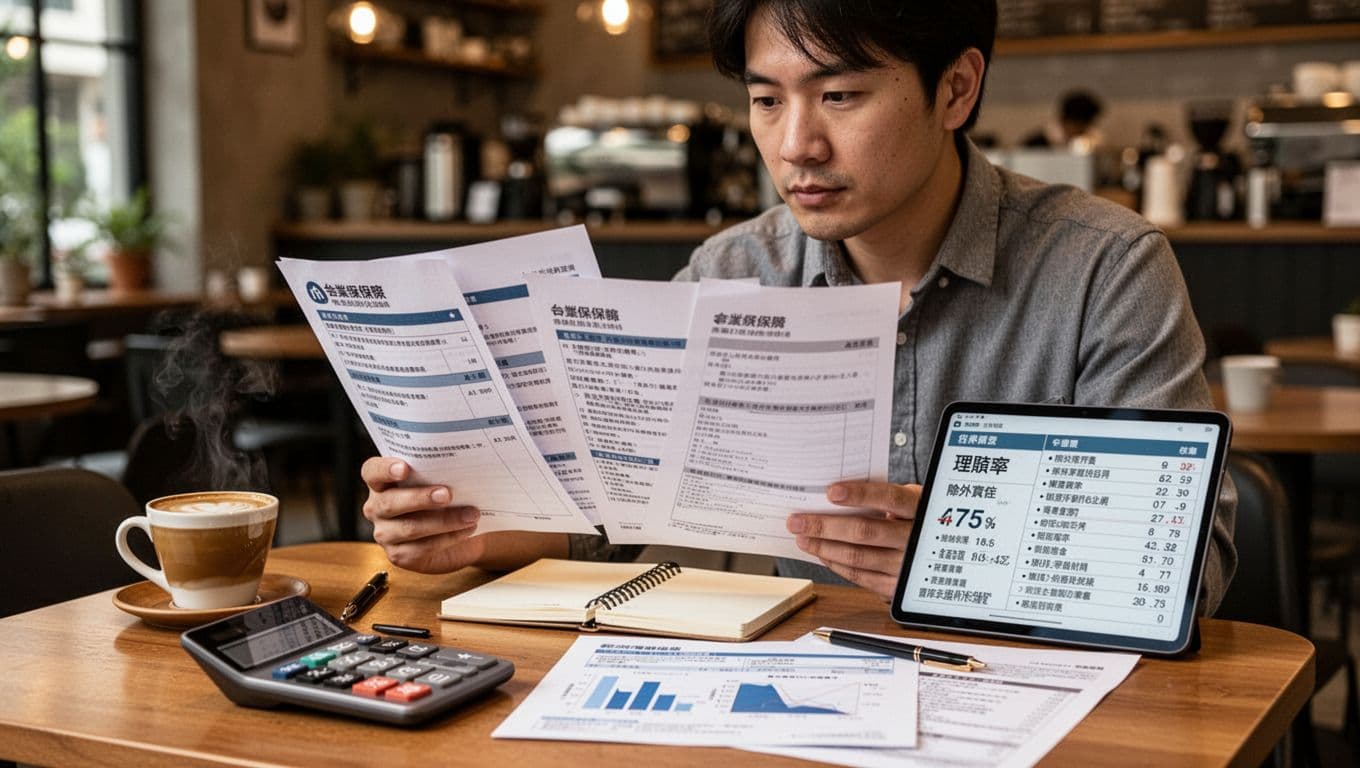 接案者勞保與商保:先買勞保還是商保?實務比較與投保順序 A focused Taiwanese freelancer at a café table holds three policy documents and a notebook, examining premiums, claim rates, and exclusions on a calculator amid a blurred café background. Realistic style with warm lighting captures a professional atmosphere in a Taiwanese daily scene.