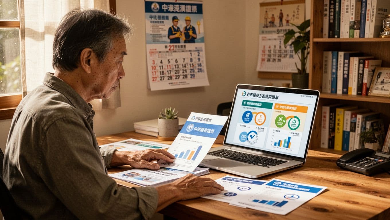 工會加保被要求補繳,這些情況要小心 A middle-aged Taiwanese freelancer sits at a wooden desk in a cozy home office, comparing printed brochures and laptop screens showing trade union comparison charts for labor insurance reliability, fees, and services. Realistic high-resolution photo with warm natural light, focused expression, and detailed background elements like calendars and posters.