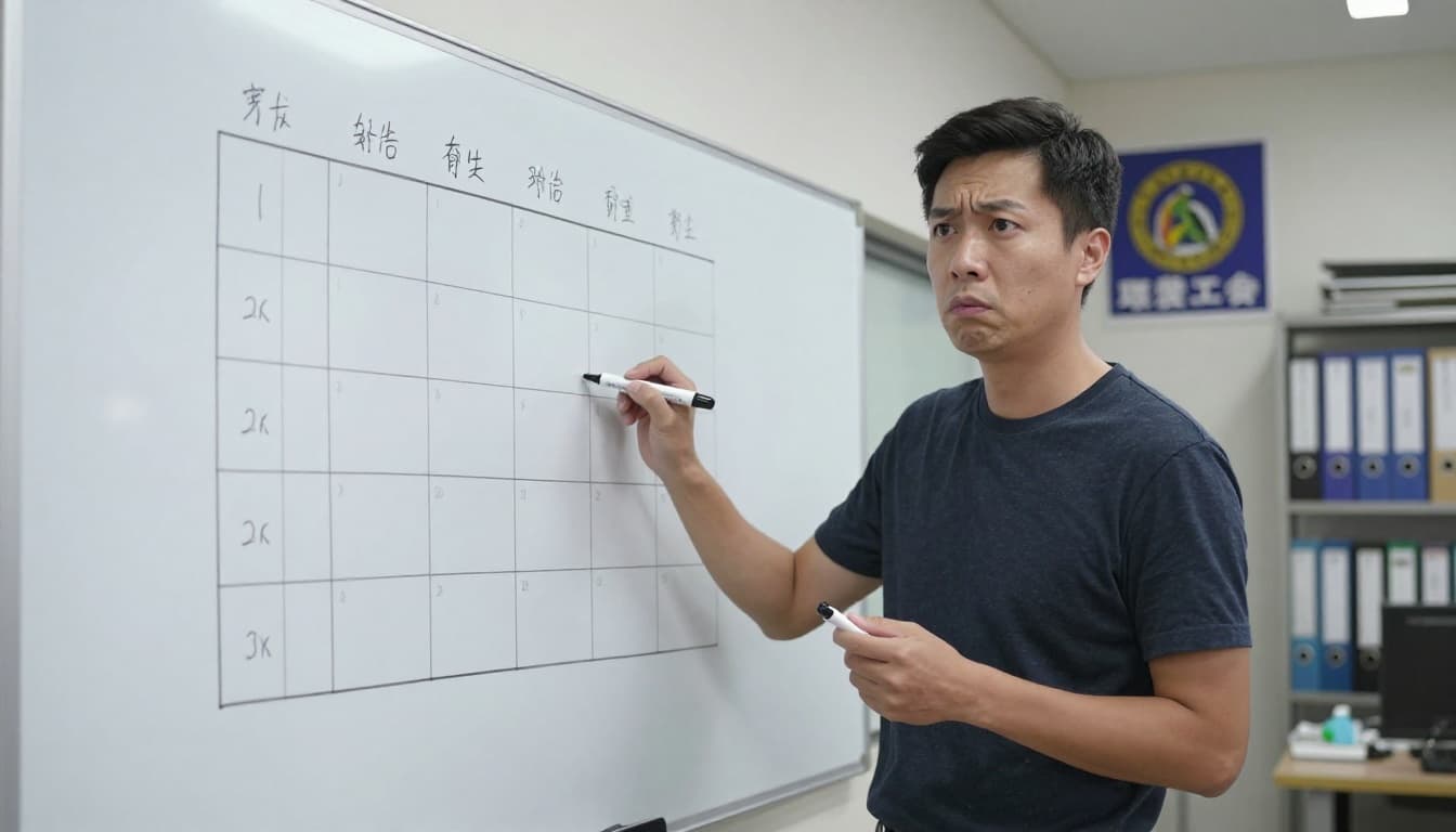 接案者如何用月曆規畫法避免勞保空窗,確保投保連續 描述性替代文字:白板前的個人手持筆記本,描繪案子時間表與投保連續性規畫的情境。