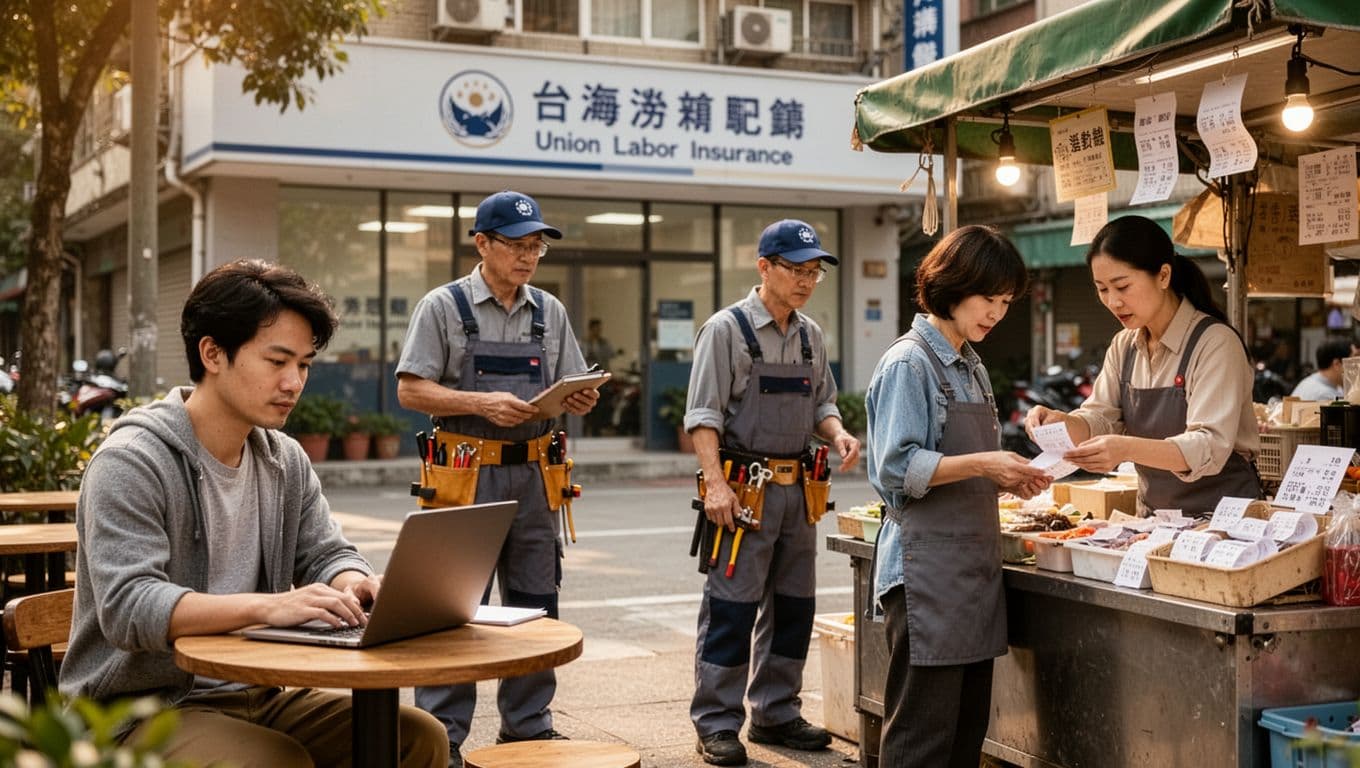 Realistic landscape showing a freelancer on a laptop at a cafe, a self-employed contractor with tools, and a small business owner checking receipts at a market stall, with a union office building in the background. Warm daylight lighting in professional documentary style creates an inviting mood for labor insurance.