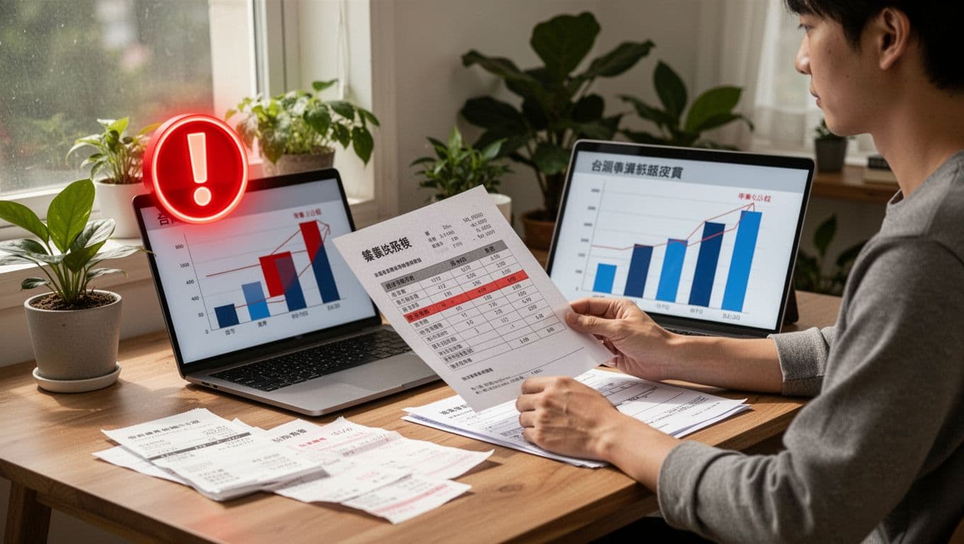 A Taiwanese freelancer at a cozy home desk examines labor insurance documents, comparing salary grade charts with tax receipts and invoices, with a red alert icon over the high salary bracket on the laptop screen.