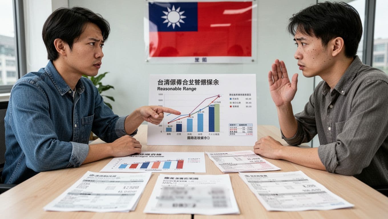 先搞懂為什麼「工會加保」容易被誤會成「人頭加保」 A Taiwanese freelancer confidently explains salary grade for union insurance to a skeptical colleague across a table in a bright modern office, pointing to income charts and blurred financial documents.