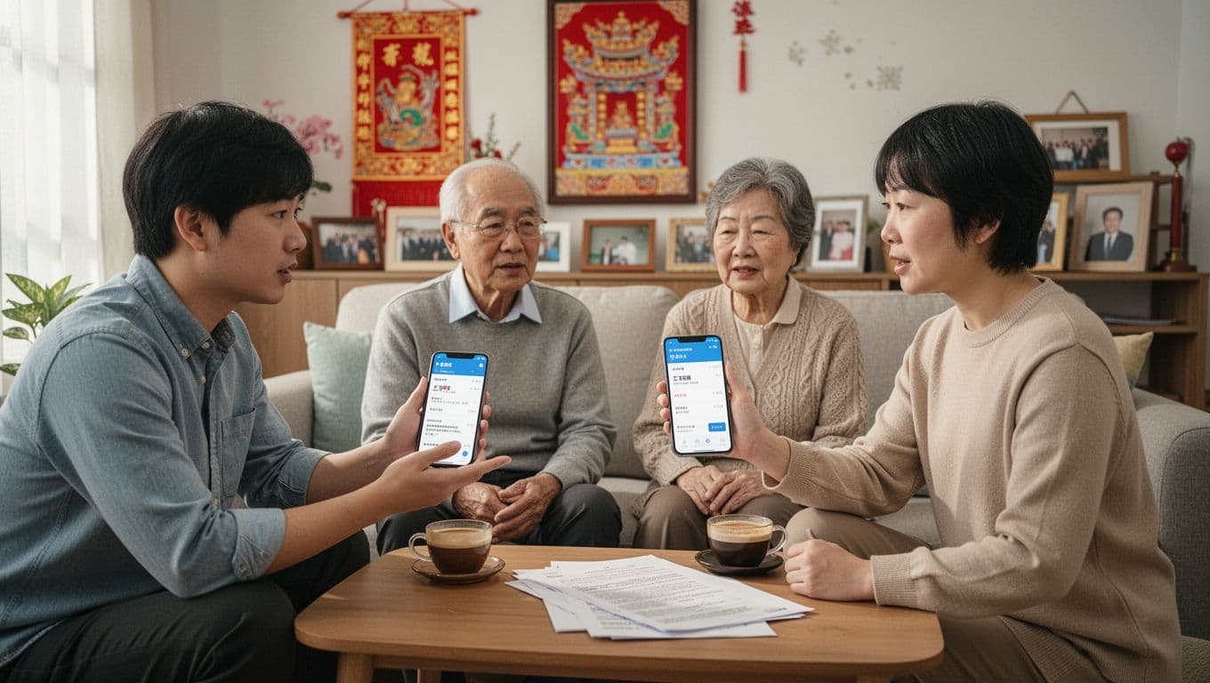先搞懂為什麼「工會加保」容易被誤會成「人頭加保」 A young Taiwanese freelancer in a cozy living room explains union insurance to parents on the sofa, showing payment records and contracts on his phone, with Taiwanese decor and natural daylight.