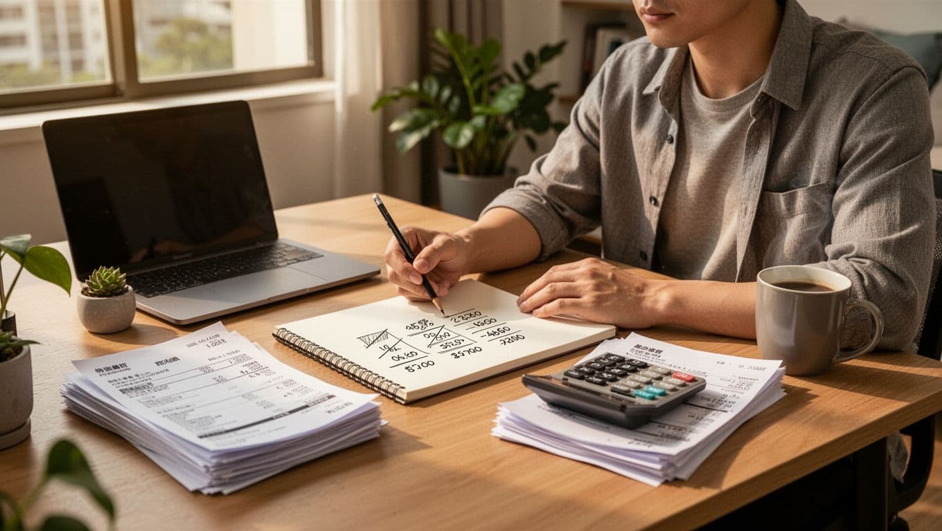 A Taiwanese freelance professional at a modern home desk under warm natural light, jotting abstract salary calculations and insurance premium sketches on a notepad using simple lines and numbers, with calculator, income statements, closed laptop, plant, and coffee mug in a cozy apartment.