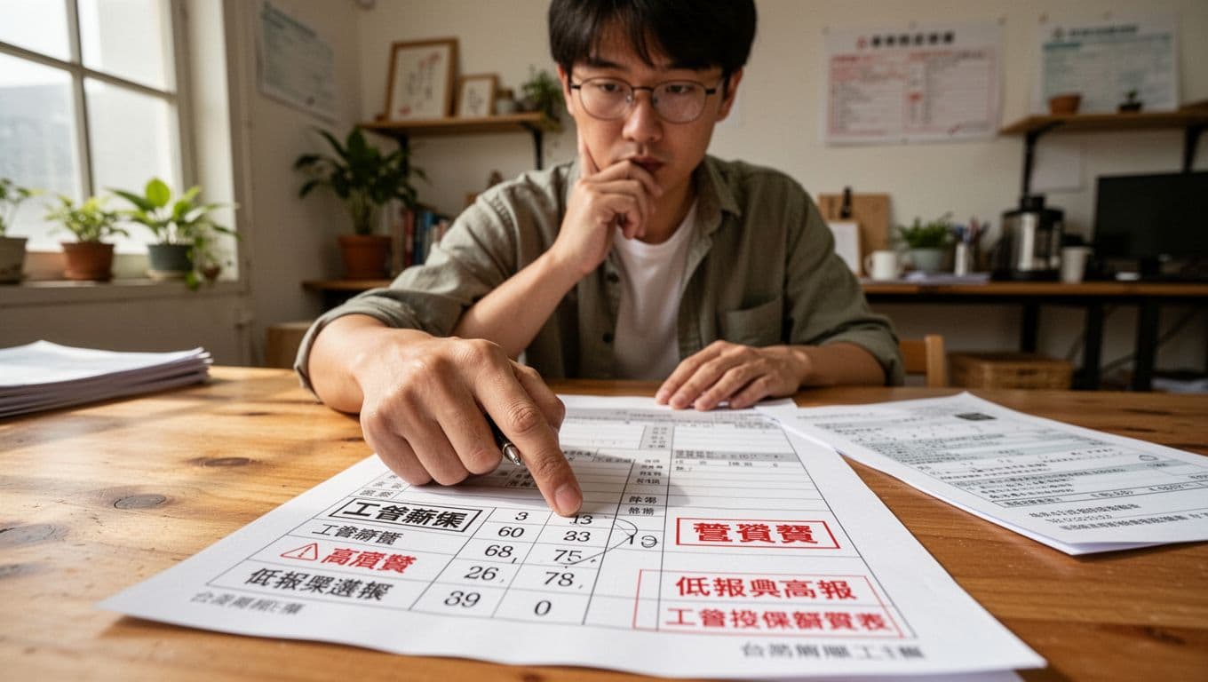 打零工族加入工會最常卡關:資格認定與工作證明 A Taiwanese freelancer hesitates over the salary amount on a union insurance declaration form, with red warnings for underreporting and overreporting, amid income documents on a simple desk in a bright natural light studio.