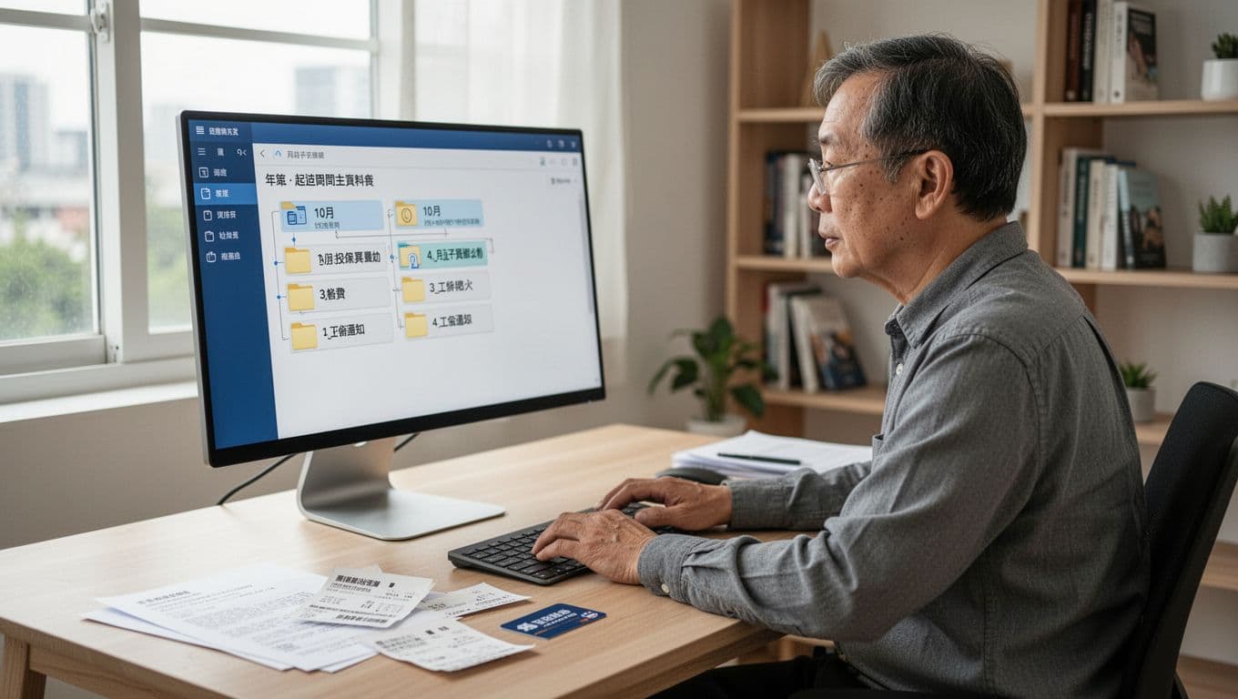 工會加保期間必留證明清單:一份搞定所有查核 A middle-aged Taiwanese male freelancer sits at a simple home office desk, with his computer screen displaying an organized folder structure categorized by year or period, monthly subfolders, and sub-subfolders for insurance changes, payments, work income, and union notices. Abstract receipts and membership card copies are lightly placed on the desk, natural hand on keyboard, bright professional atmosphere with natural light.