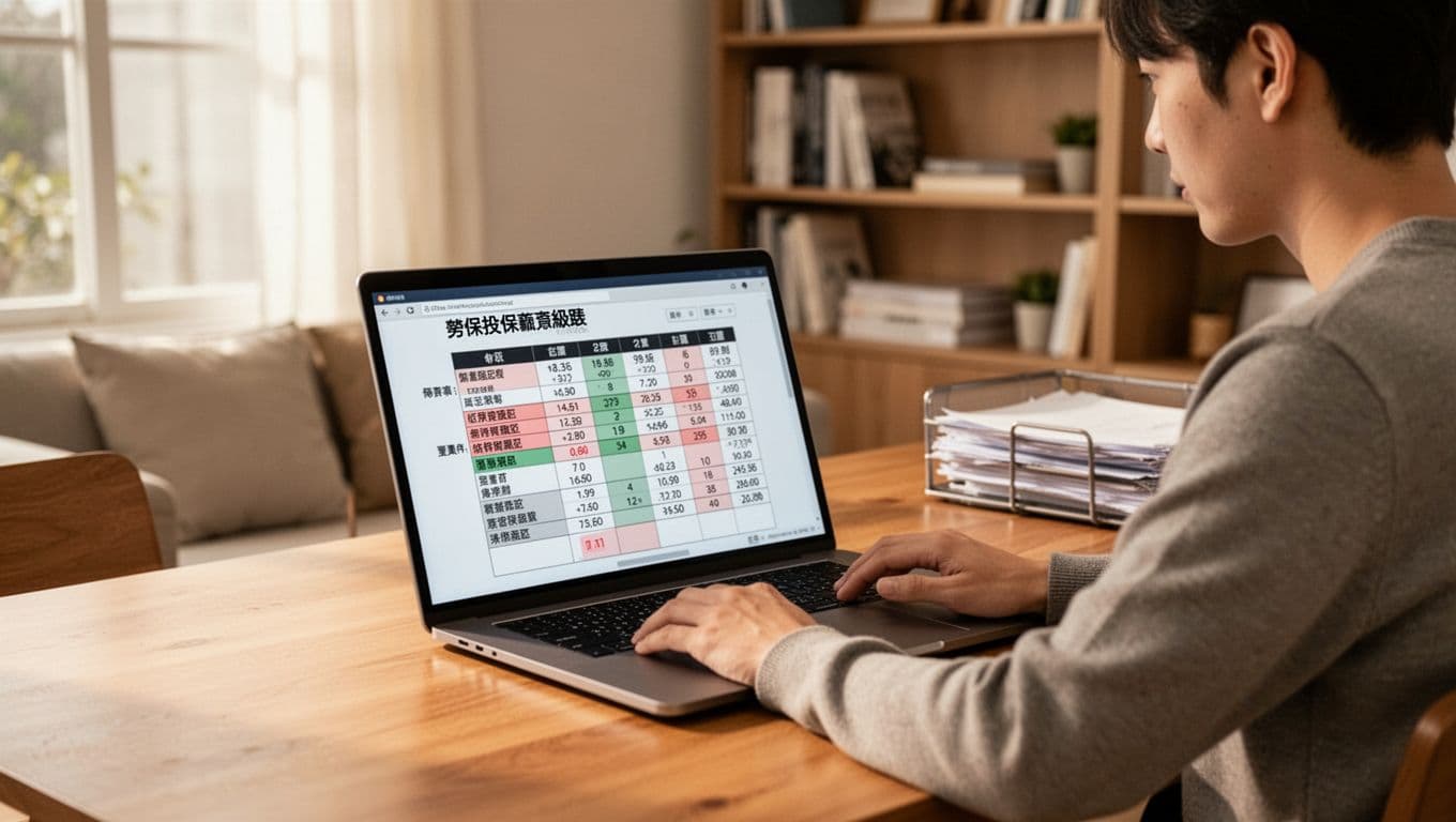 接案者意外失能,勞保能給多少保障? A Taiwanese freelancer at a comfortable home office desk focuses on a laptop screen displaying the labor insurance premium salary grade table, with low salary grades abstractly highlighted, in a warm home environment with natural daylight.