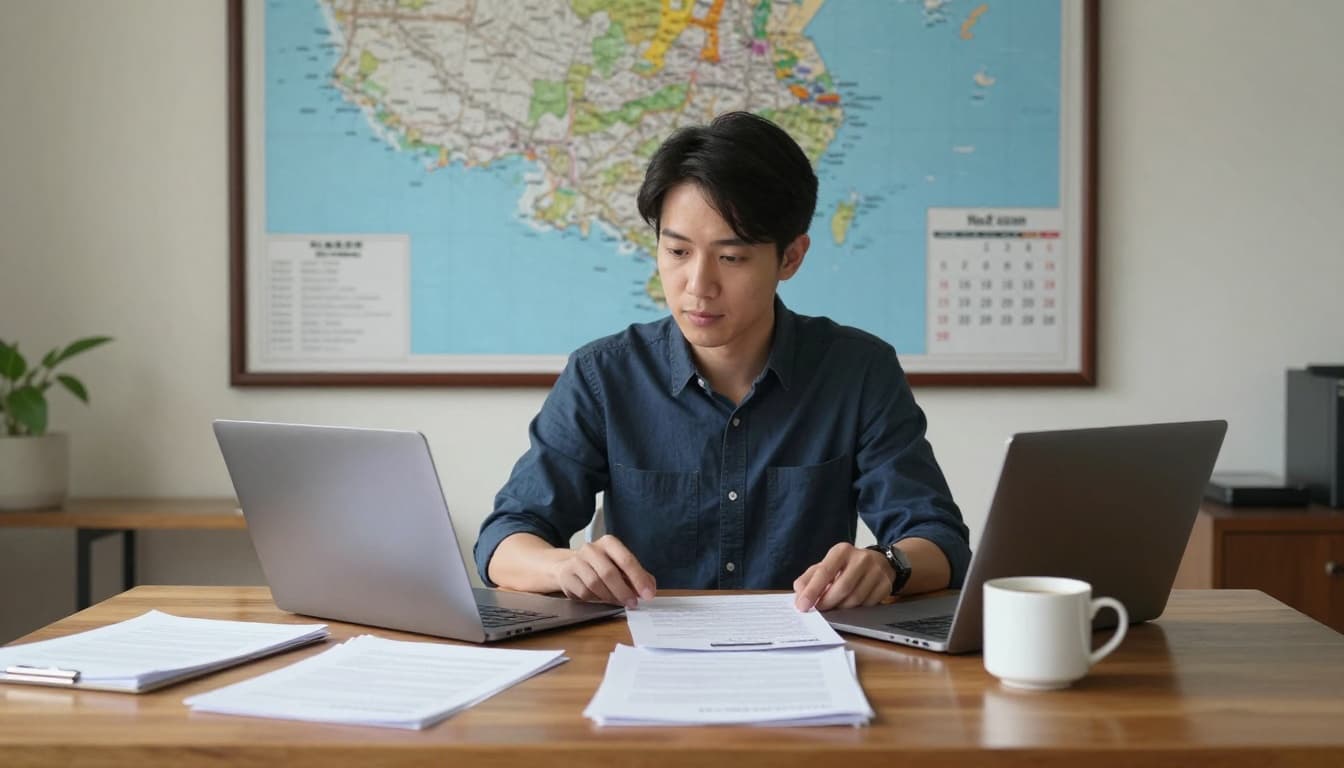 先搞懂為什麼「工會加保」容易被誤會成「人頭加保」 A Taiwanese freelancer sits at a comfortable home office desk, working on a laptop with project contracts, union insurance documents, and a coffee cup nearby. The background includes a Taiwan map poster and calendar, illuminated by natural daylight in a warm, professional atmosphere.