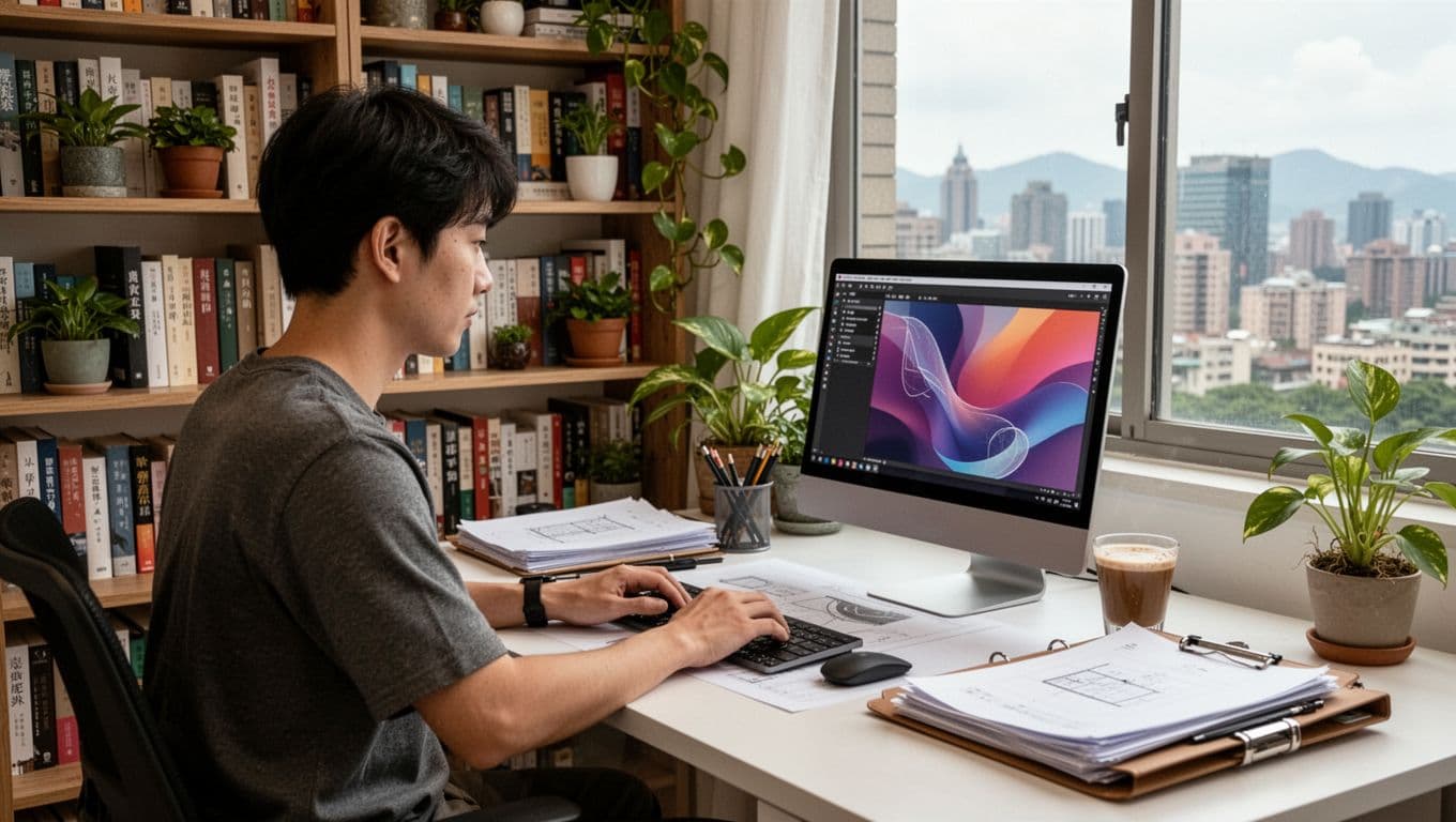 A Taiwanese freelance designer works at a home desk with laptop, coffee, and folders, surrounded by bookshelves and plants, with a Taipei cityscape view through the window under soft natural light.