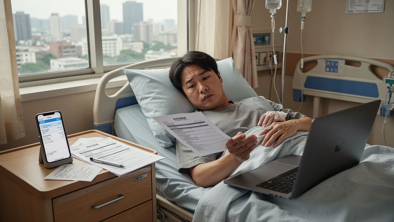 接案者住院不能工作,勞保傷病給付申請步驟全解析 A Taiwanese freelancer lies on a hospital bed with a slightly worried yet focused expression, checking labor insurance documents beside a phone screen showing an invoice and a closed laptop, cityscape visible through the window under soft natural light.