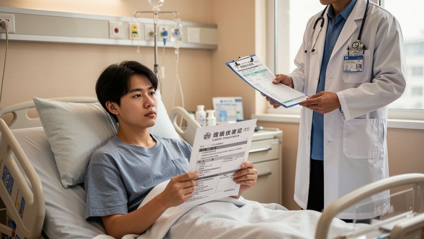 接案者意外失能,勞保能給多少保障? A young Taiwanese freelancer in a hospital bed recovers from an accident while holding labor insurance documents on disability benefits, with one doctor nearby checking charts. The thoughtful patient is in a clean hospital room with warm soft lighting and professional medical style.