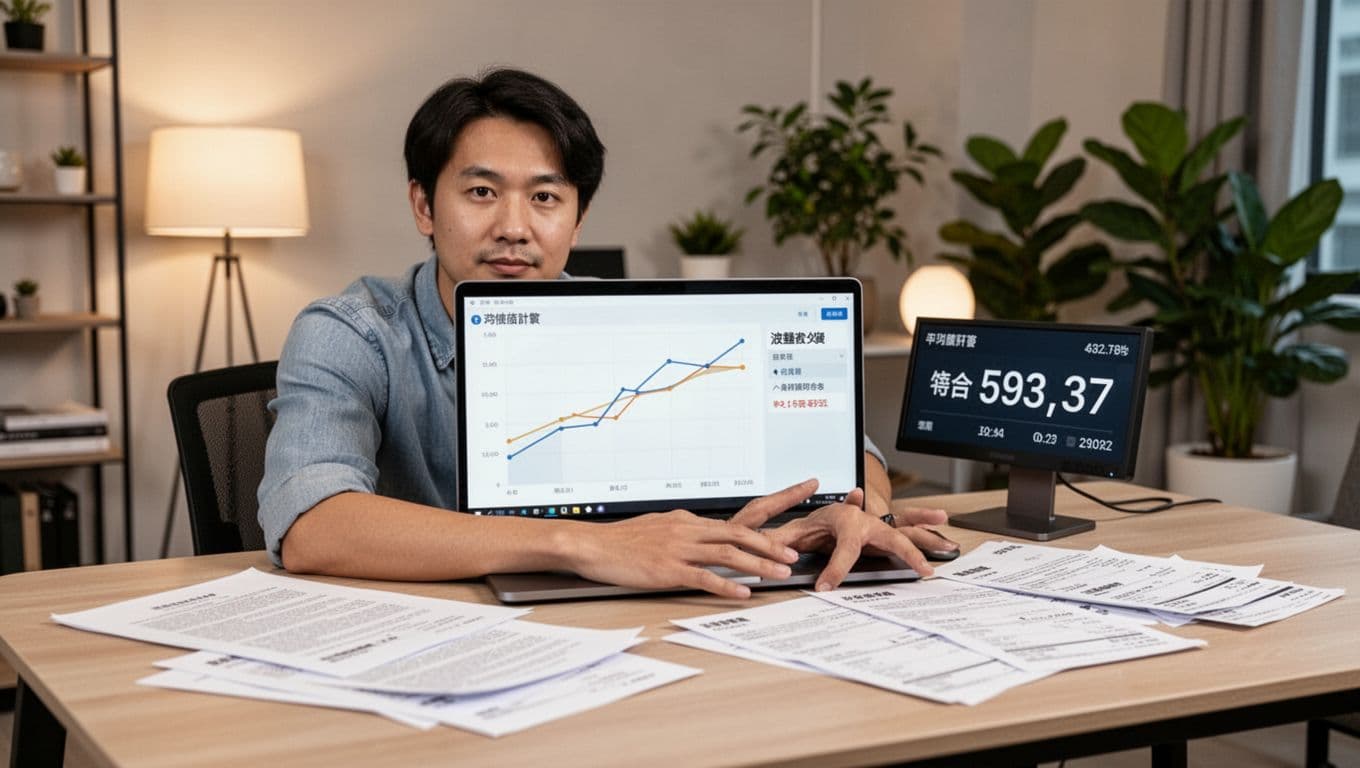 接案者投保薪資怎麼選才不焦慮:穩定退休金與勞保給付完整指南 A Taiwanese freelancer sits calmly in a modern home office, reviewing a laptop screen showing a fluctuating income line graph and average calculations, with project contracts, receipts scattered on the desk, calculator displaying average salary, soft lighting, and green plants in the background.