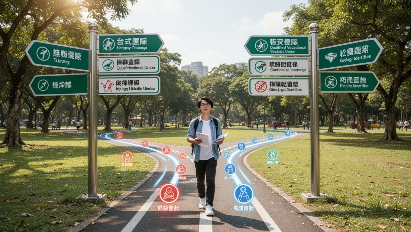 工會加保年資被取消,還能救回來嗎?一般處理方向 A Taiwanese freelancer stands relaxed at a crossroads signpost in a sunny Taiwan park, labeled with insurance options like company coverage, vocational union, and others, leading to a path of continuous coverage with intact maternity and injury benefits icons.