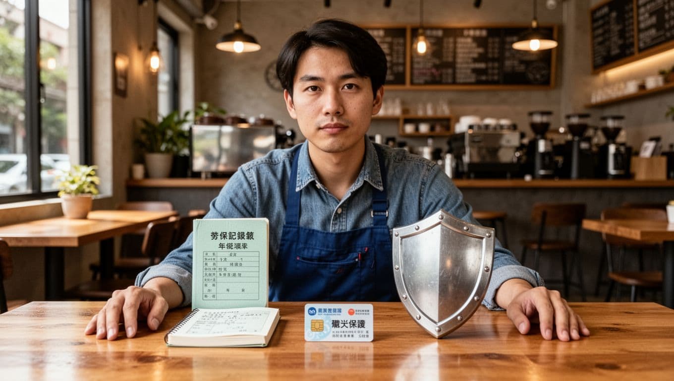 打零工族加入工會最常卡關:資格認定與工作證明 A landscape-oriented realistic image of a lone freelancer in a Taiwanese coffee shop, contemplating insurance with symbolic items: labor record book for seniority, health card for medical coverage, and shield for occupational protection, in a warm, friendly atmosphere.
