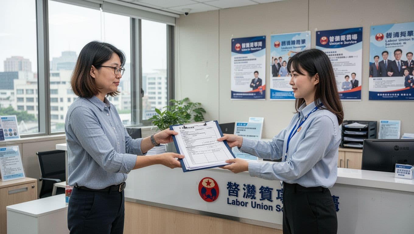 接案者意外失能,勞保能給多少保障? A Taiwanese freelancer hands a folder of labor insurance application documents to a staff member at a labor union service counter in a clean modern office with bright daylight.