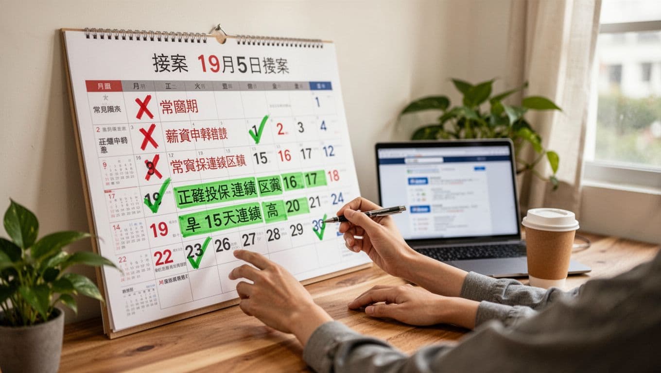 接案者如何用月曆規畫法避免勞保空窗,確保投保連續 A Taiwanese freelancer in a bright home office focuses on a large wall calendar at a wooden desk, with red X marks for pitfalls like coverage gaps and salary errors, and green checks for continuous insurance periods of at least 15 days. Background features a laptop with blurred labor insurance page, coffee cup, and green plant under natural daylight.