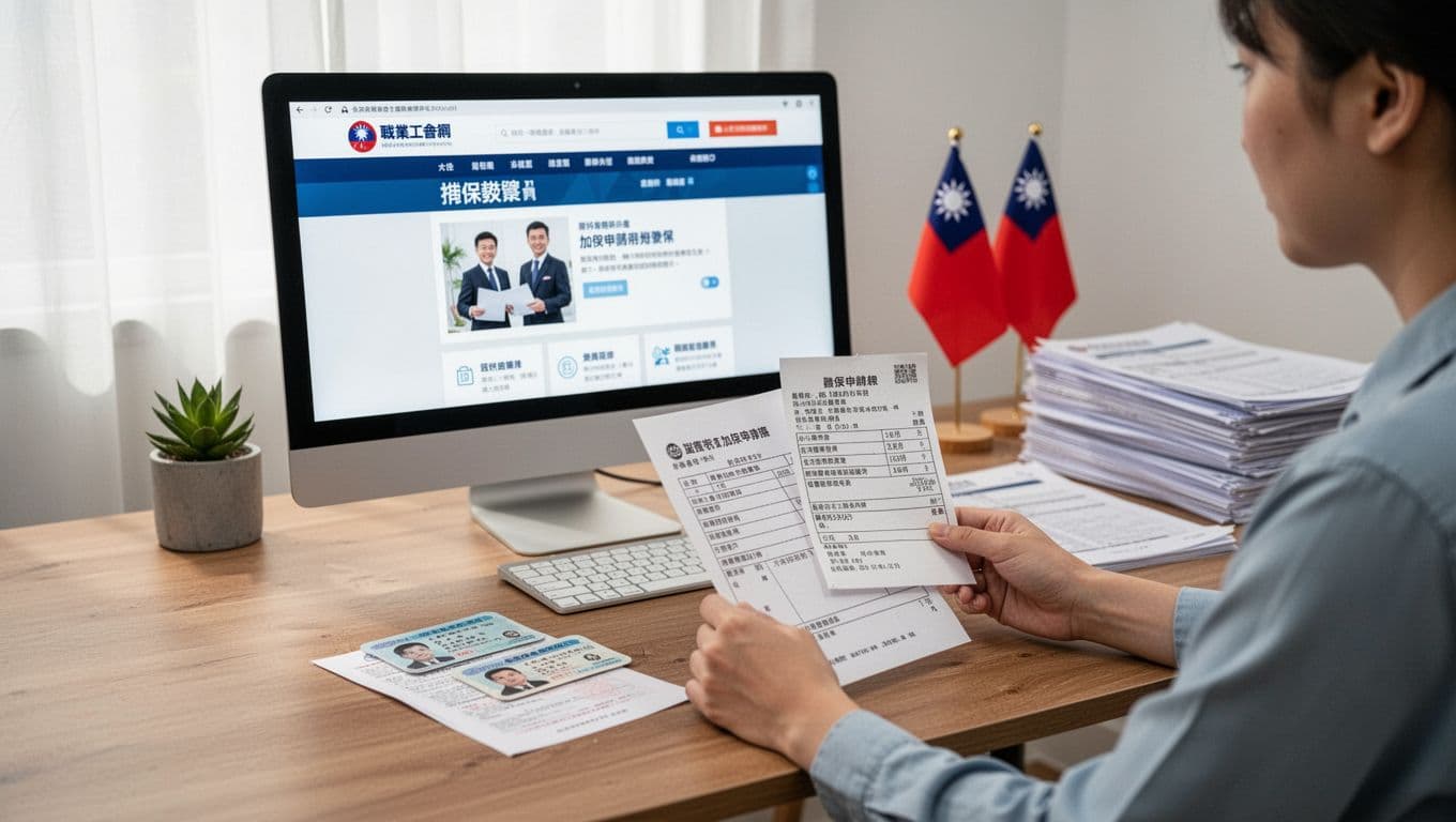 接案者勞保與商保:先買勞保還是商保?實務比較與投保順序 A Taiwanese freelancer in a bright home office applies for labor insurance at a wooden desk, with a computer showing the occupational union website, holding an application form, ID card, and payment receipt. Background includes a small Taiwan flag and stacked documents, realistic style with natural light.