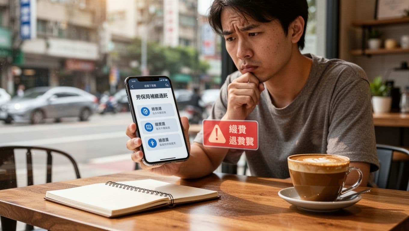 工會加保年資被取消,還能救回來嗎?一般處理方向 A Taiwanese freelancer at a café table holds a phone displaying a blurred Labor Insurance Bureau supplementary payment notice with abstract icons for payment and refund options, showing a hesitant thinking expression, with a notebook and coffee cup nearby, in realistic style under natural daylight.