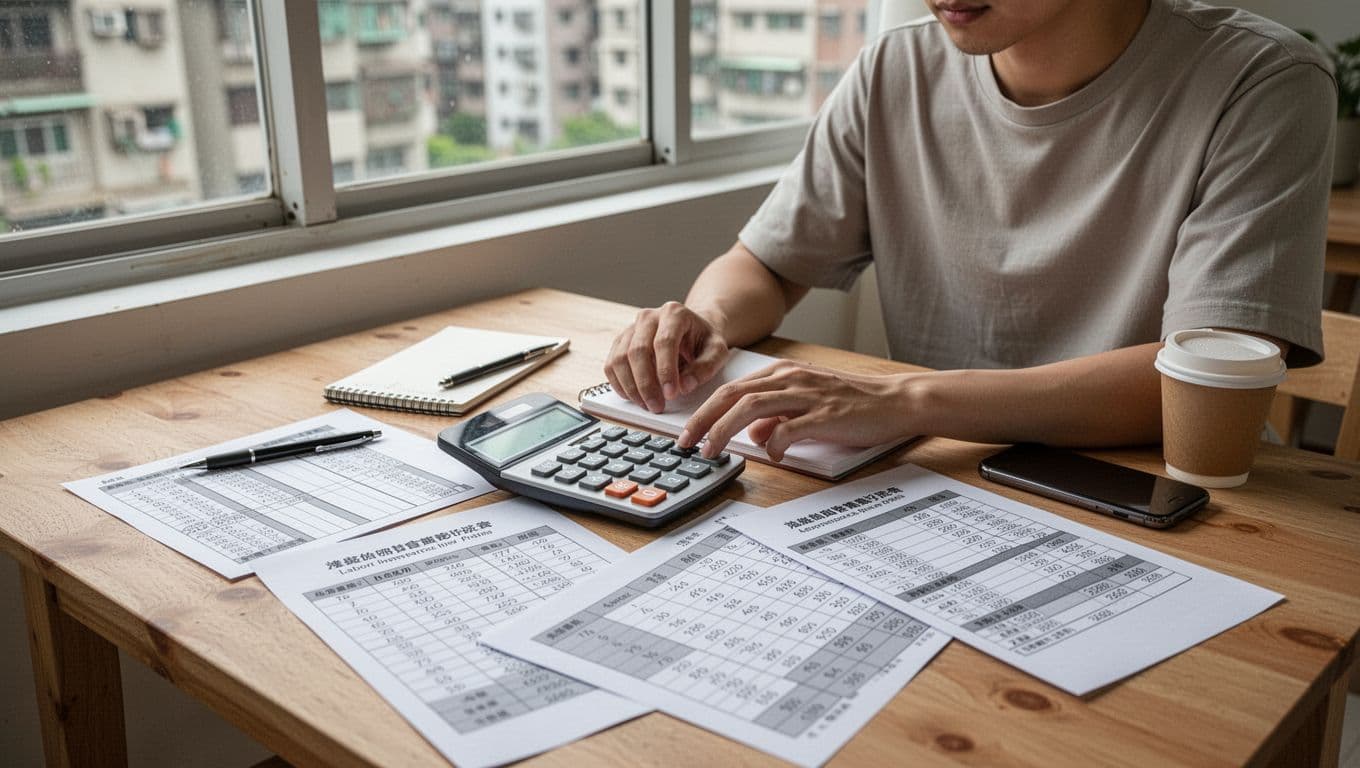 A mid-20s Taiwanese freelancer at a simple wooden home desk calculates labor insurance premiums using a calculator and notepad.
