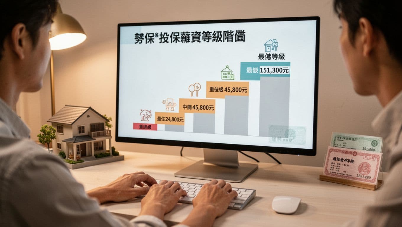 接案者買房必讀:勞保投保薪資如何影響貸款額度與退休金 A Taiwanese freelancer at a home office desk views a computer screen showing a simple ladder chart of labor insurance premium salary levels from lowest (24,100 NTD) to highest (151,300 NTD), with hands on keyboard, background featuring house model and retirement passbook in a warm, professional, motivational modern style.