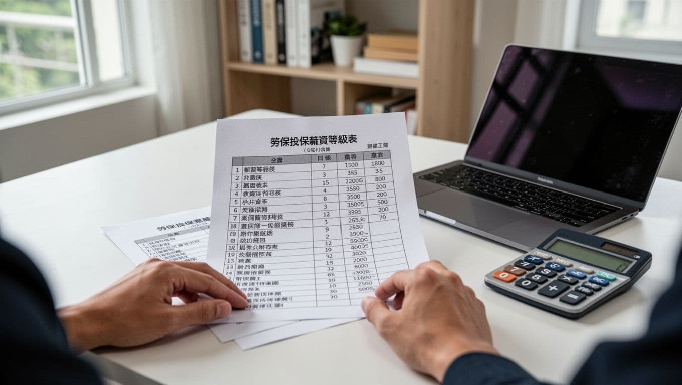 接案者投保薪資怎麼選才不焦慮:穩定退休金與勞保給付完整指南 A Taiwanese freelancer sits at a home office desk with a labor insurance premium salary level form showing salary grades from lowest to highest, alongside a laptop and calculator. The background features a simple bookshelf and natural window light in a realistic, professional style with bright natural lighting.