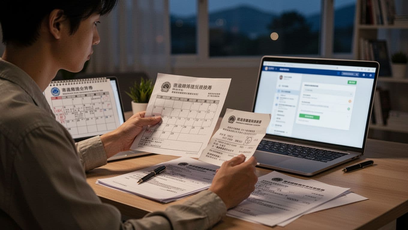 A realistic landscape illustration of a Taiwanese freelancer at a home desk managing labor insurance transfer documents from company to union coverage, checking a calendar for the 14-day deadline, holding proof of cessation and union enrollment receipt, with a nearby laptop showing a blurred account status page, in a calm focused mood under natural evening light.