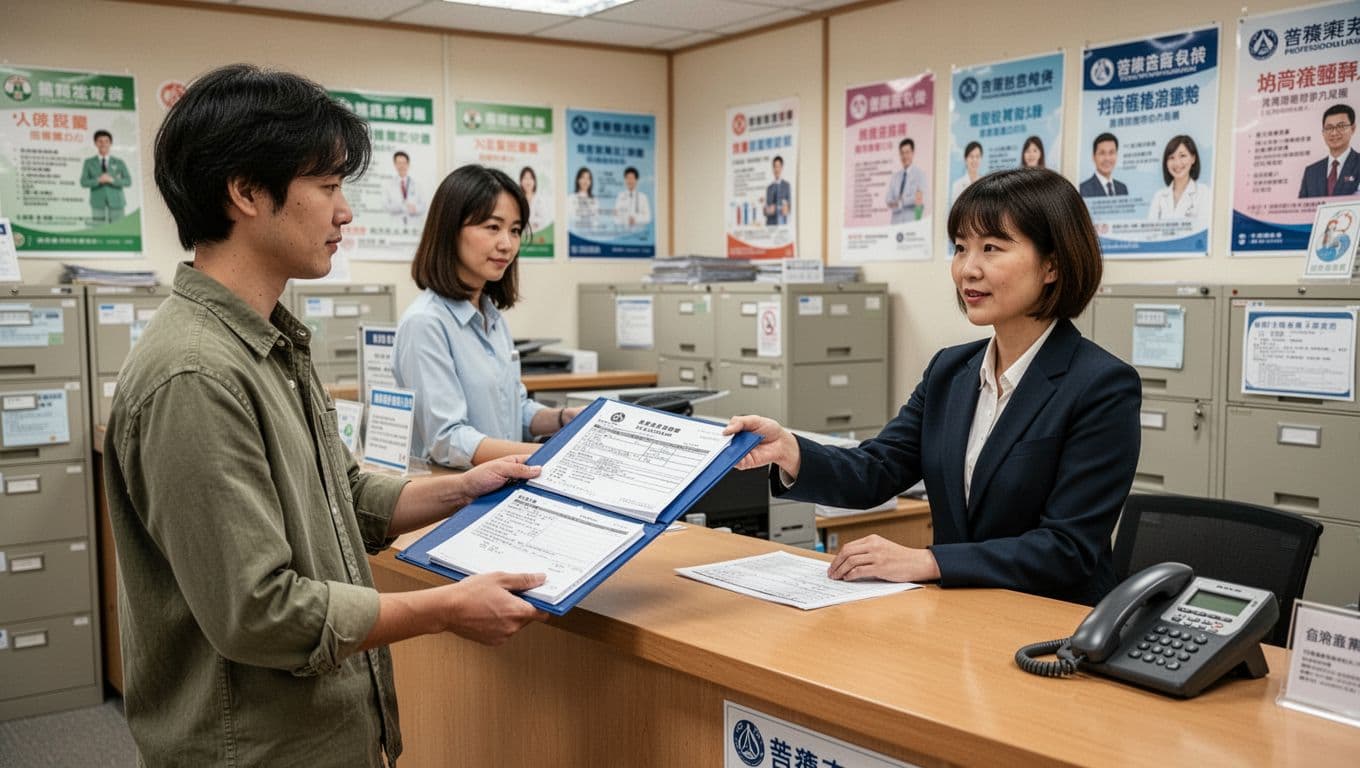 接案者住院不能工作,勞保傷病給付申請步驟全解析 A single Taiwanese freelancer hands labor insurance documents in an organized folder to a staff member at a professional union office counter. The realistic scene includes office posters, filing cabinets, a desk phone, and soft lighting for a trustworthy atmosphere.