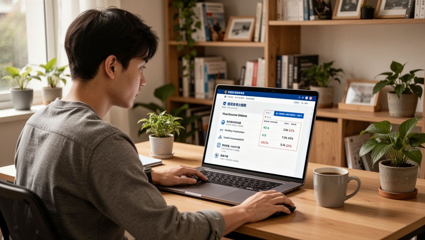 A young Taiwanese freelancer in his 20s focuses on a laptop at a cozy home office desk displaying the Labor Insurance Bureau website with vocational unions list, including member count, insured salary, and service locations. Natural daylight fills the minimalist apartment with bookshelves and plants.
