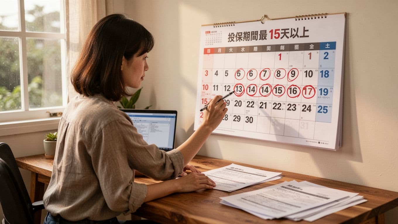 接案者如何用月曆規畫法避免勞保空窗,確保投保連續 描述性替代文字:一位台灣接案者在舒適的居家辦公室木桌前坐著,手持筆在大型壁掛月曆上標記紅圈,標示投保期間至少15天以上的日期。月曆顯示多個月曆格,重點高亮特定連續日期。旁邊有筆電和自由接案文件散放。自然窗戶日光照明,寫實風格,溫暖色調,前景聚焦月曆和輕鬆標記的手(兩手自然放鬆,無複雜動作),背景辦公環境。僅一人,無其他人或額外人影。風景比例,專業心情,無文字、無水印、無多餘物件。