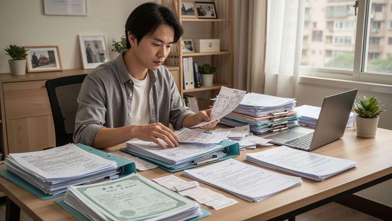 接案者意外失能,勞保能給多少保障? A focused Taiwanese freelancer at a tidy home office desk in Taipei sorts stacks of medical receipts, diagnosis certificates, X-ray images, rehabilitation records, accident photos, police reports, work contracts, and dispatch messages into folders. Realistic professional photography style with warm natural daylight, high detail, neutral tones, and organized clutter.