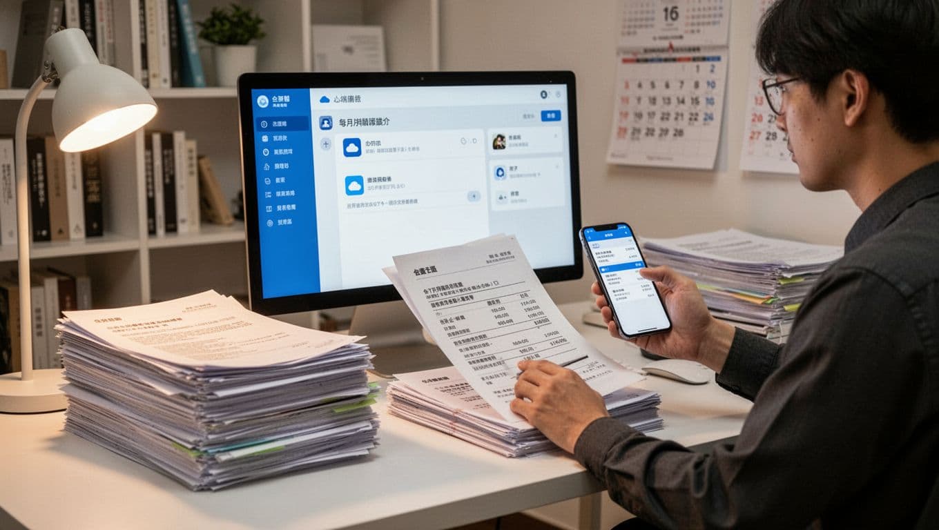 先搞懂為什麼「工會加保」容易被誤會成「人頭加保」 A Taiwanese freelancer at a tidy office desk neatly organizes monthly proof documents including remittance details, contracts, invoices, and screenshots, with a computer displaying cloud backup interface and a phone for noting naming rules in a professional, warm-lit atmosphere.