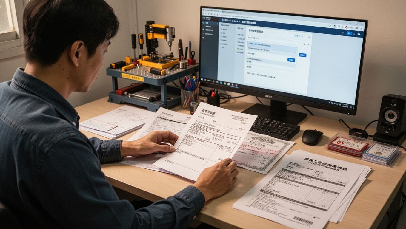 工會加保客服說法與法規不一致怎麼辦?3步確認法 A Taiwanese self-employed worker sits at a desk carefully checking and sorting self-employment proof documents including invoice receipts, quotes, delivery records, business registration, licenses, labor insurance forms, and a computer displaying work inquiry page in a realistic photography style with warm lighting.