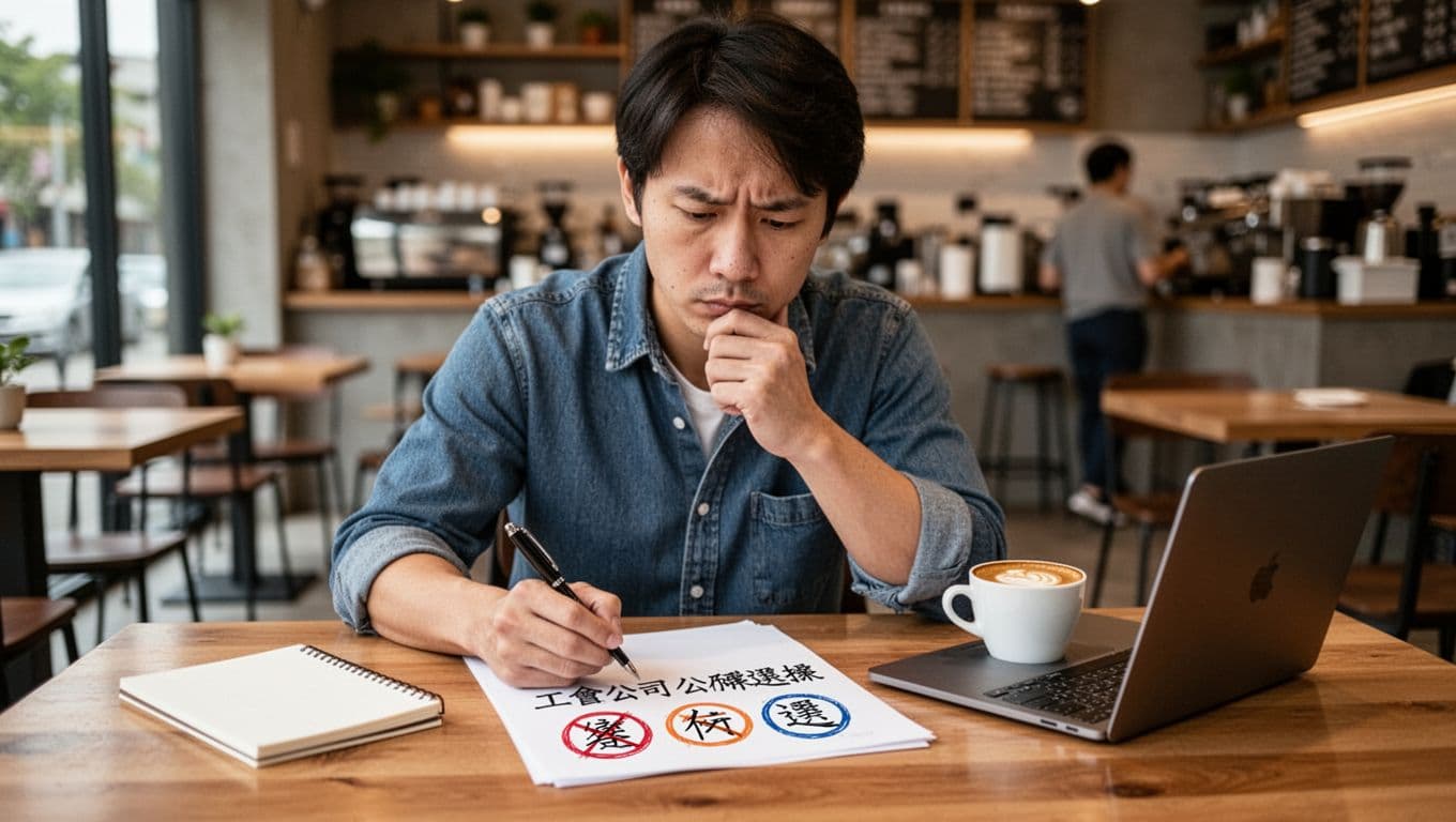 工會退保後健保身分怎麼變?3種接續方法一次搞定 A Taiwanese freelancer sits at a cafe table, holding a pen and sketching symbols for union, company, and public office health insurance options on paper, with a thoughtful expression. Blurred cafe background, laptop and coffee on table, realistic photography, bright atmosphere, high detail, wide landscape composition.