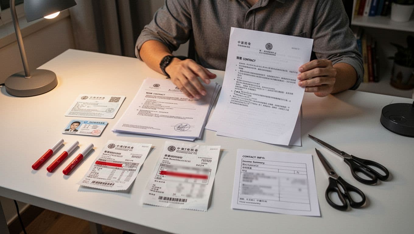 打零工族加入工會最常卡關:資格認定與工作證明 A photorealistic image of a Taiwanese freelancer at a clean desk in a Taipei apartment, organizing a minimal document package for union application including redacted ID photocopy, work contracts, bank slip, contact form, and blurred income summary.