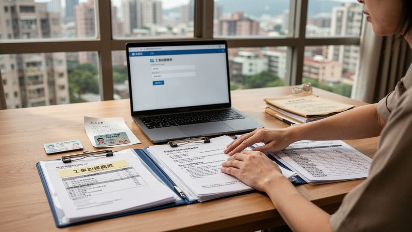 工會加保被要求面談,常見問題有哪些? A Taiwanese freelancer at a comfortable home office desk organizes documents including ID, union card, labor insurance records, resignation proof, contracts, bank transfers, and income summaries for a union insurance interview, with a blurred laptop screen and urban apartment view in natural light.