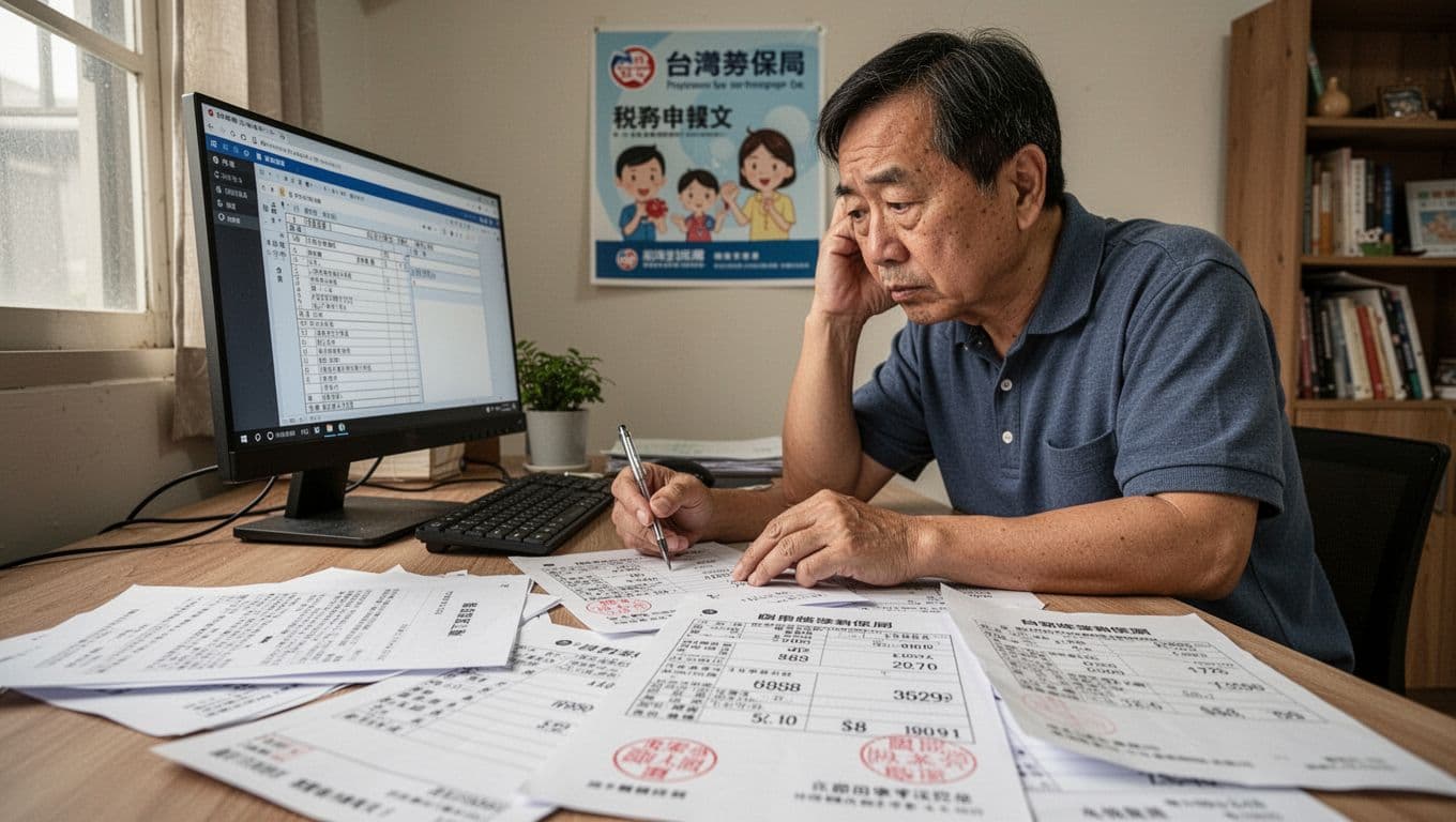 工會加保被要求補繳,這些情況要小心 A middle-aged Taiwanese freelancer sits at a simple desk with salary slips, tax forms, and labor insurance notices, looking confused and focused at his computer screen while cross-checking numbers. Warm home office background with Taiwan Labor Insurance poster.