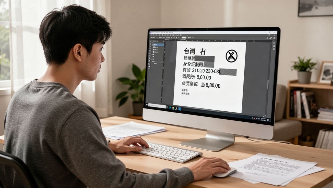 工會加保期間必留證明清單:一份搞定所有查核 A young Taiwanese male freelancer sits focused at his computer desk editing a PDF, using tools to redact sensitive personal info like ID numbers while showing only name, date, and amounts. Bright home office with natural light, realistic high-detail photography, landscape view.