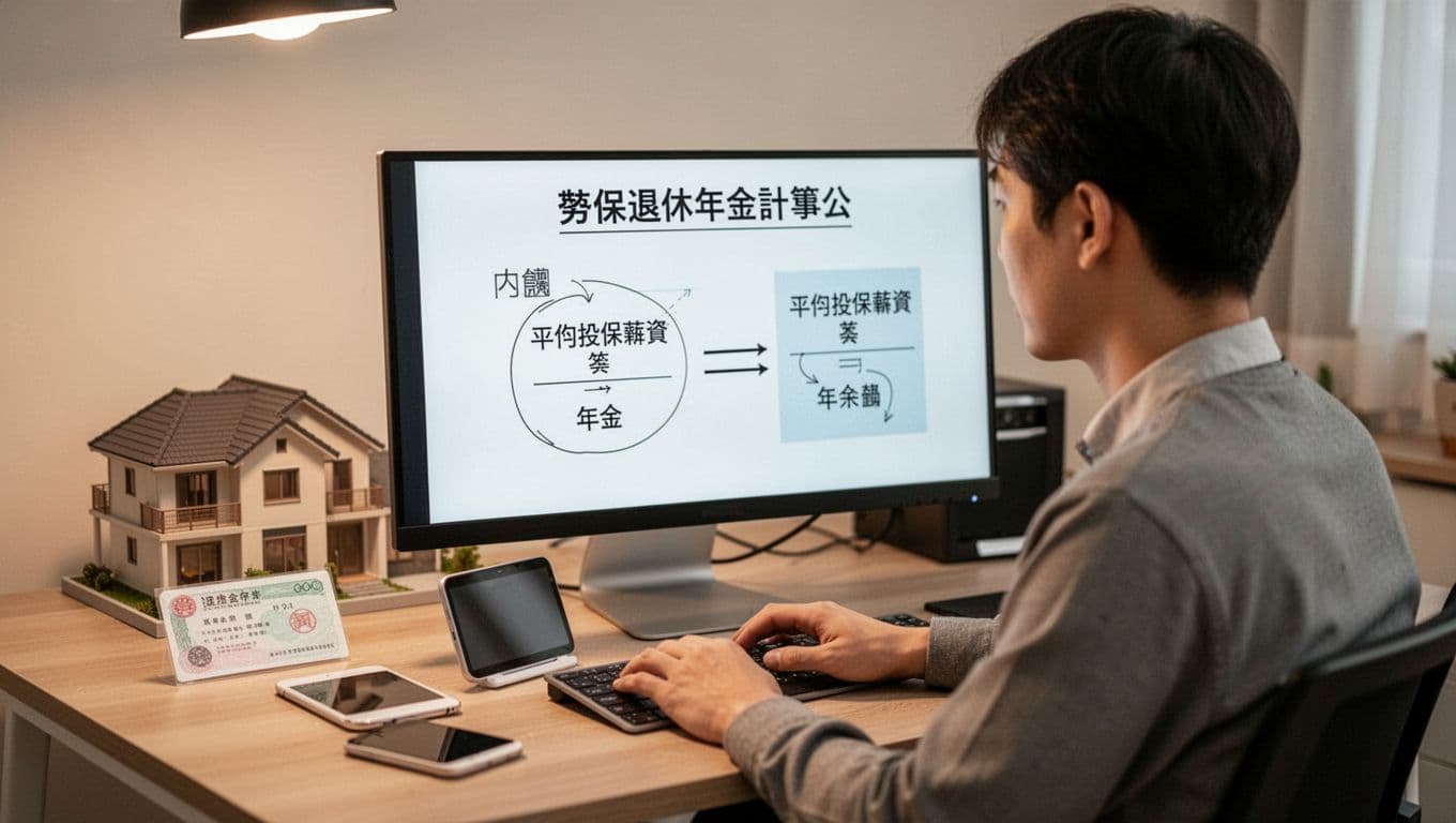 接案者買房必讀:勞保投保薪資如何影響貸款額度與退休金 A Taiwanese freelancer sits naturally at a warm professional home office desk, hand on keyboard, with computer screen showing a simple labor insurance retirement pension calculation formula. Background includes blurred house model, retirement passbook, and laptop, in modern minimalist style with soft lighting.