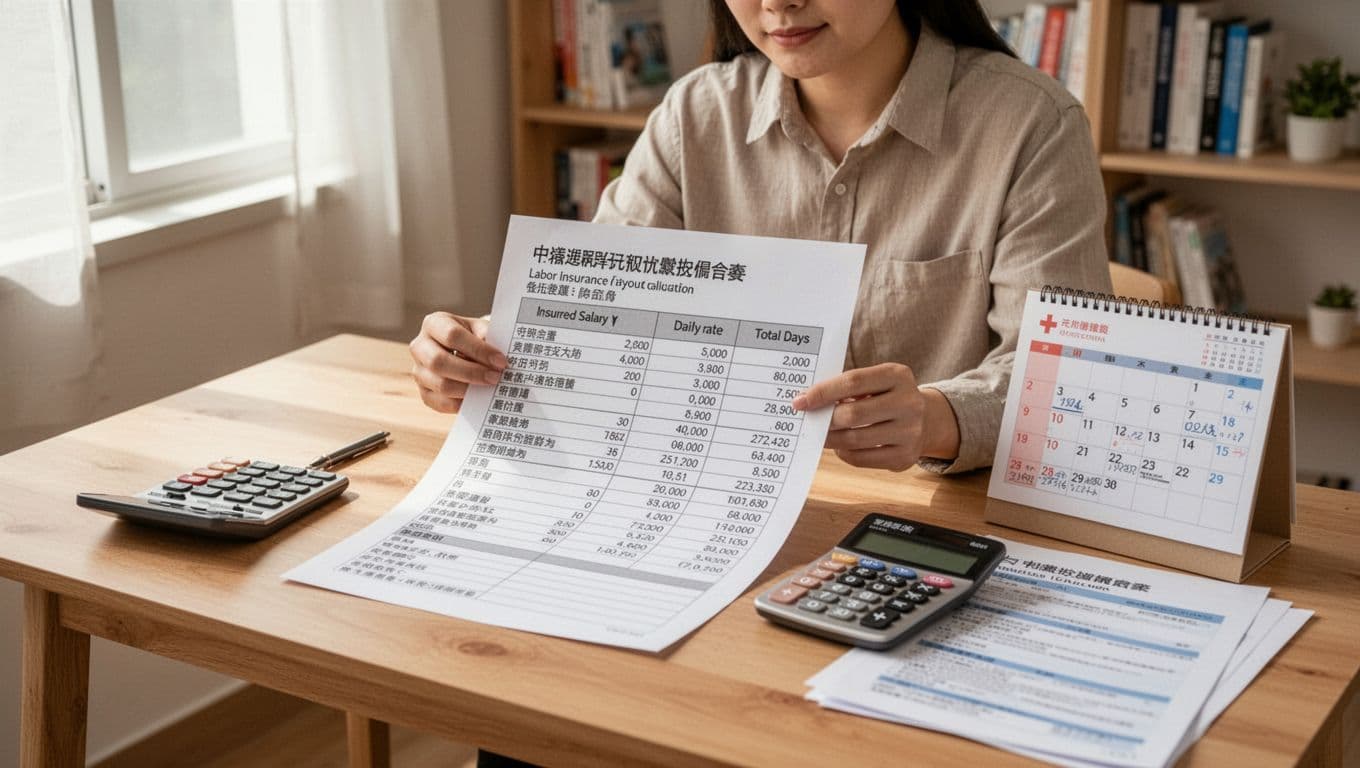 接案者住院不能工作,勞保傷病給付申請步驟全解析 A Taiwanese freelancer sits at a simple wooden desk in a bright home office, reviewing a printed labor insurance payout calculation table alongside a calculator, calendar marked with hospital dates, and insurance documents. Soft natural daylight creates a warm, reassuring mood with clean composition and high detail on paper textures.