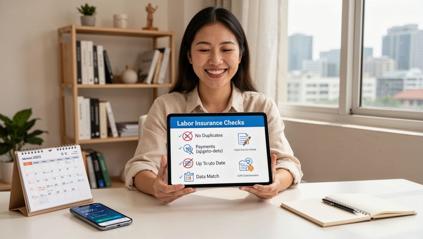 工會加保最怕的3件事:雙邊加保、欠費、資料不一致 A confident Taiwanese freelancer smiles in a modern home office while checking a tablet displaying labor insurance icons like no duplicates and up-to-date payments.