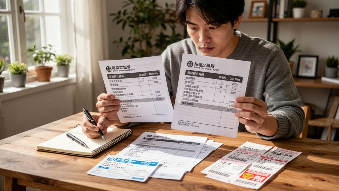 打零工族加入工會最常卡關:資格認定與工作證明 A realistic landscape image depicts a Taiwanese freelancer in a cozy home office, intently reviewing printed sheets showing union initiation fees, annual dues, and insurance premiums marked as monthly or one-time payments. Payment options like bank transfer slips and convenience store receipts lie nearby on a wooden table with notepad and pen, under bright daylight from the window, conveying a focused professional atmosphere with exactly one person.