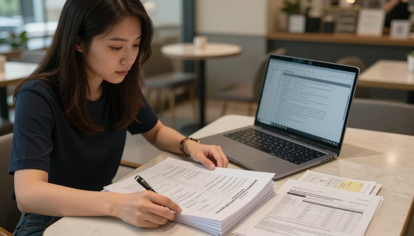 工會加保期間必留證明清單:一份搞定所有查核 A young Taiwanese female freelancer at a cozy cafe table reviews labor insurance premium declaration forms showing a salary jump from low to high bracket, with nearby income proofs like invoice copies and bank statements, closed laptop, natural light, realistic high-detail photo.