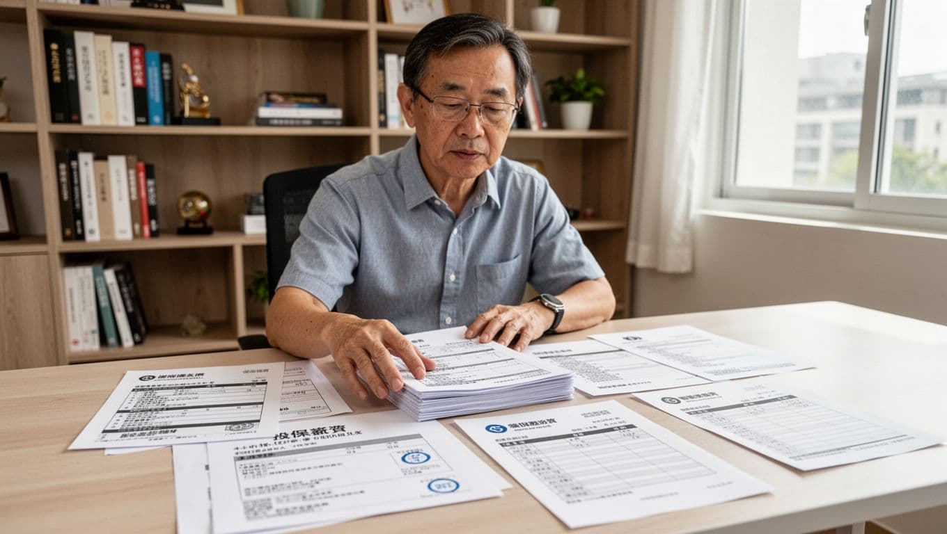工會加保期間必留證明清單:一份搞定所有查核 A middle-aged Taiwanese male freelancer sits at a minimalist home office desk with spread-out proof documents for insured salary, including abstract representations of bank remittances, tax records, contracts, and work logs. He lightly touches the stack in a bright professional setting with natural light from a window and bookshelf background.